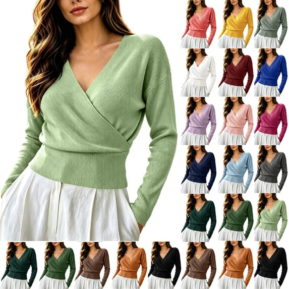 Womens Sweaters Long Sleeve V Neck Business Casual Pullover Knit Tops , Cinched Waist Elegant Work Shirts,2026 Trendy Business Outfits