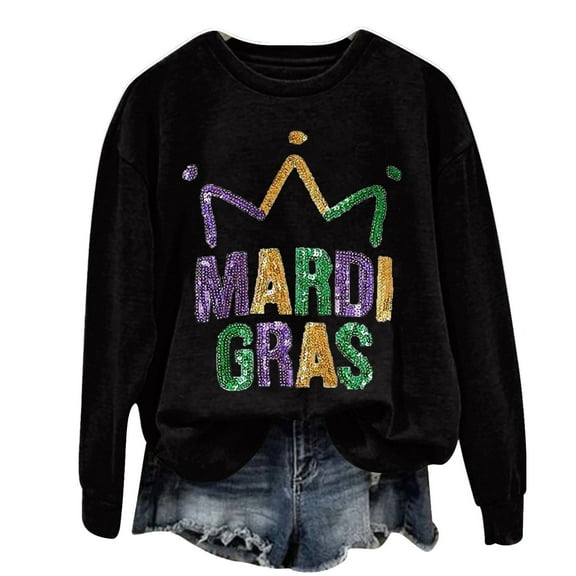 Womens Sweaters Mardi Letter Printed Round Neck Sweatshirt Soft Polyester Comfortable Autumn Long Sleeve Top L Size Sweaters For Women