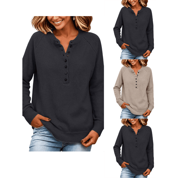Womens Sweaters Nelozsy Plus Size Women's Solid Loose Button Collar Raglan Sleeve Knit Pullover Sweater Black XXXXL