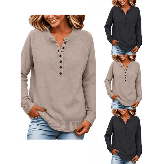 Womens Sweaters Nelozsy Plus Size Women's Solid Loose Button Collar Raglan Sleeve Knit Pullover Sweater Khaki M