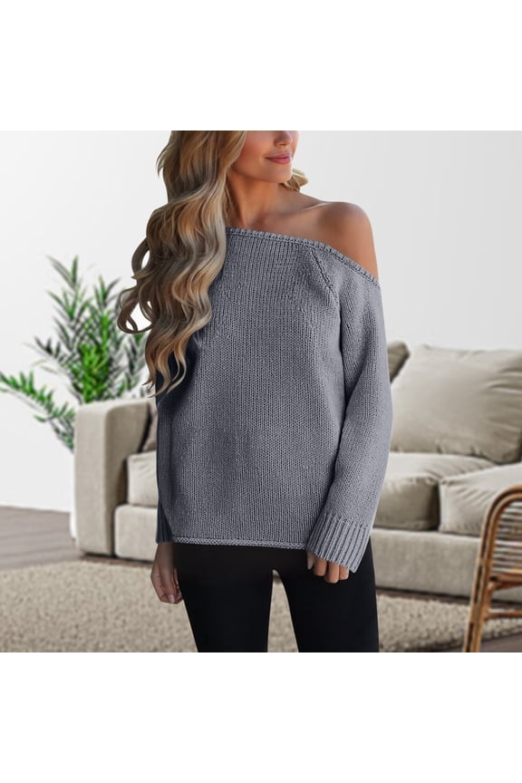Womens Sweaters Off Shoulder Casual Knit Sweater Soft Loose Fit Pullover Long Sleeve Crewneck Winter Top