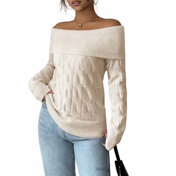 Female Sweaters Off Shoulder Long Sleeve Cable Knit Sweater Loose Chunky Work Tops White M