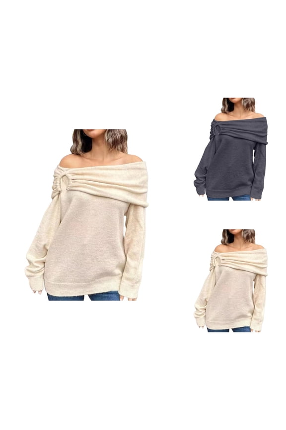 Womens Sweaters, Off Shoulder Sweaters for Women, Knitted Fold Over Pullover, Long Sleeve for Fall Season