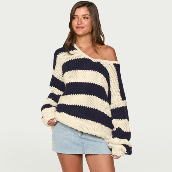 Womens Sweaters Off The Shoulder Long Sleeve Chunky Open Knit Pullover Sweaters Oversized Striped Casual Sweater