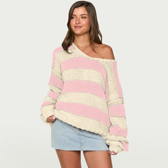 Womens Sweaters Off The Shoulder Long Sleeve Chunky Open Knit Pullover Sweaters Oversized Striped Casual Sweater