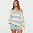thumbnail image 1 of Womens Sweaters Off The Shoulder Long Sleeve Chunky Open Knit Pullover Sweaters Oversized Striped Casual Sweater, 1 of 4