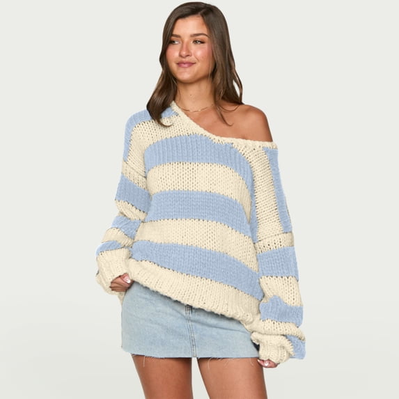 Womens Sweaters Off The Shoulder Long Sleeve Chunky Open Knit Pullover Sweaters Oversized Striped Casual Sweater