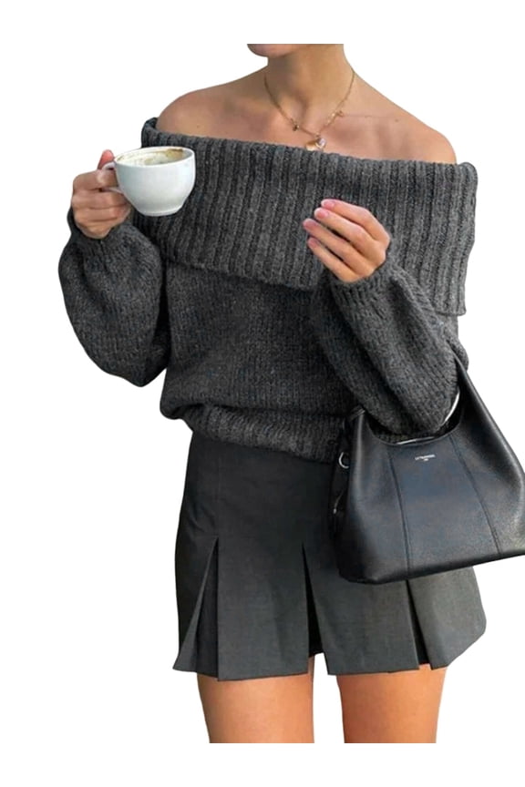 Womens Sweaters Off the Shoulder Long Sleeve Cable Knit Sweater Loose Chunky Pullover Dressy Work Tops Dark Gray M