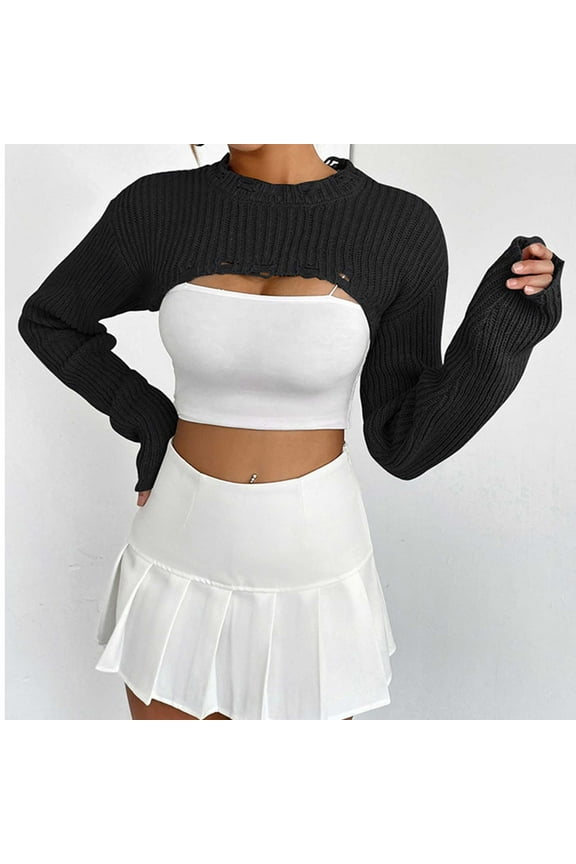 Womens Sweaters Plus Size Long Sleeve Pullover Knit Cowl Sweater Ultra Short Outer Sexy Half Top Black L