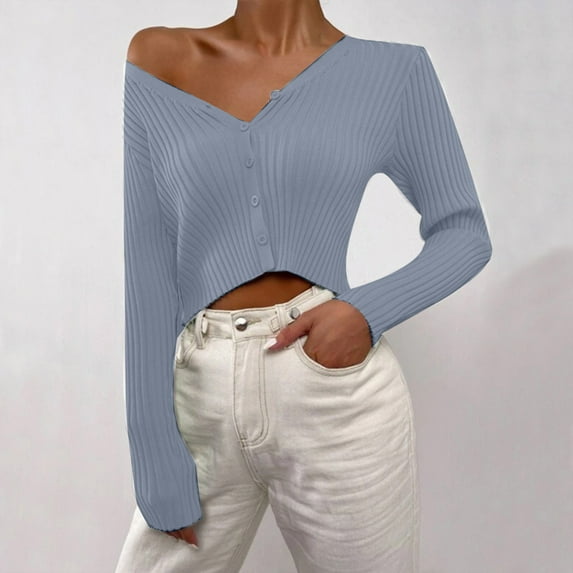Womens Sweaters Plus Size Long Sleeve V-Neck Loose Solid Color Pullover Sweater Coat Light Blue 3XL
