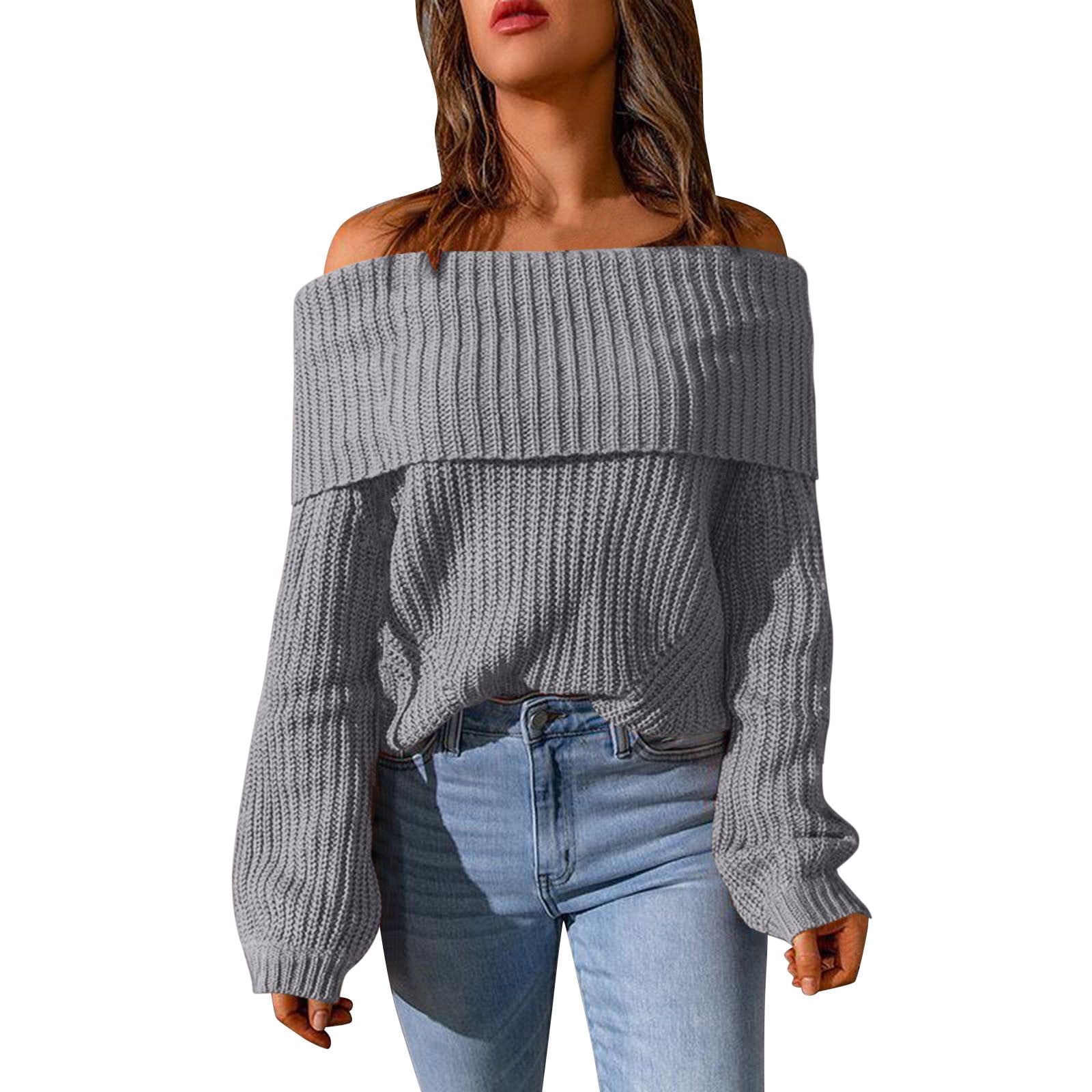 Womens Sweaters Plus Size Loose Casual Solid Color Off The Shoulder