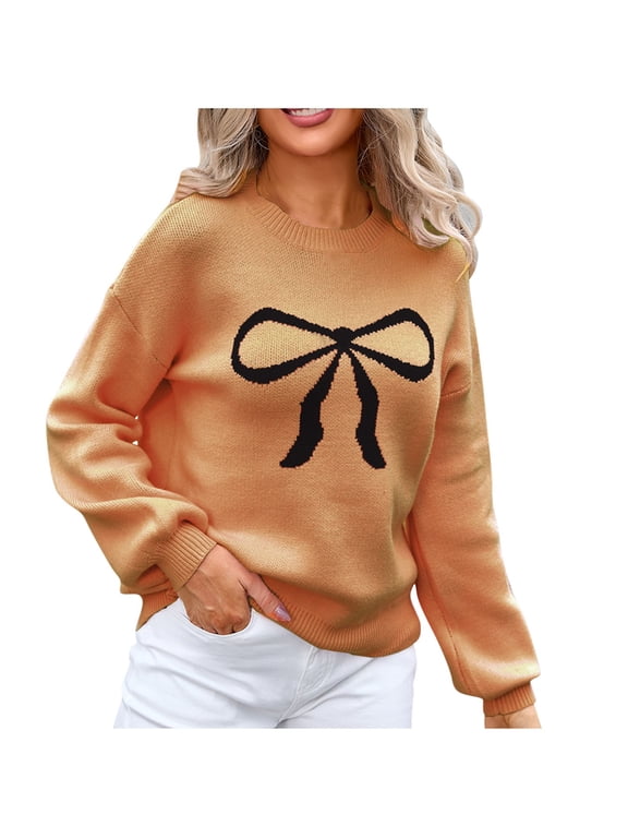 Womens Sweaters Pullover Long Sleeve Round-Neck Bow Tie Knitted Sweater