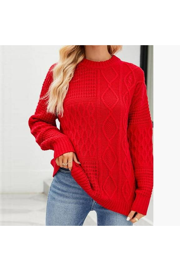 Womens Sweaters Pullover Long Sleeve Solid Round Neck Knitted Loose Sweater Red M