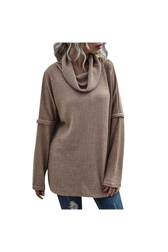 Womens Sweaters Pullover Stacked Cowl Neck Long Sleeve Ribbed Knit Tunic Tops to Wear with Leggings