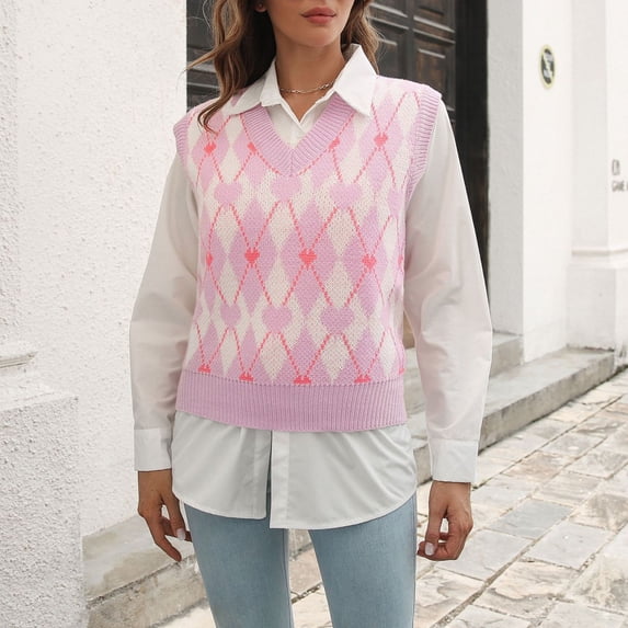 Womens Sweaters Retro Diamond Grid V Neck Sleeveless Knit Vest Preppy Style Soft Skin Friendly Versatile Top Pink L