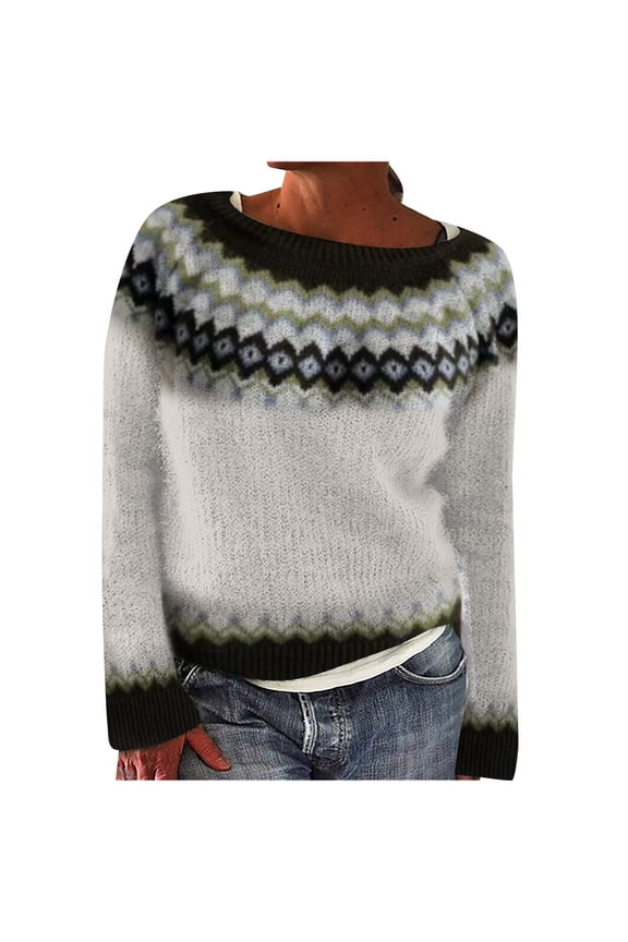 Womens Sweaters Retro Print Crew Neck Long Sleeve Loose Knit Pullover Classic Durable Fall Winter Top Beige L