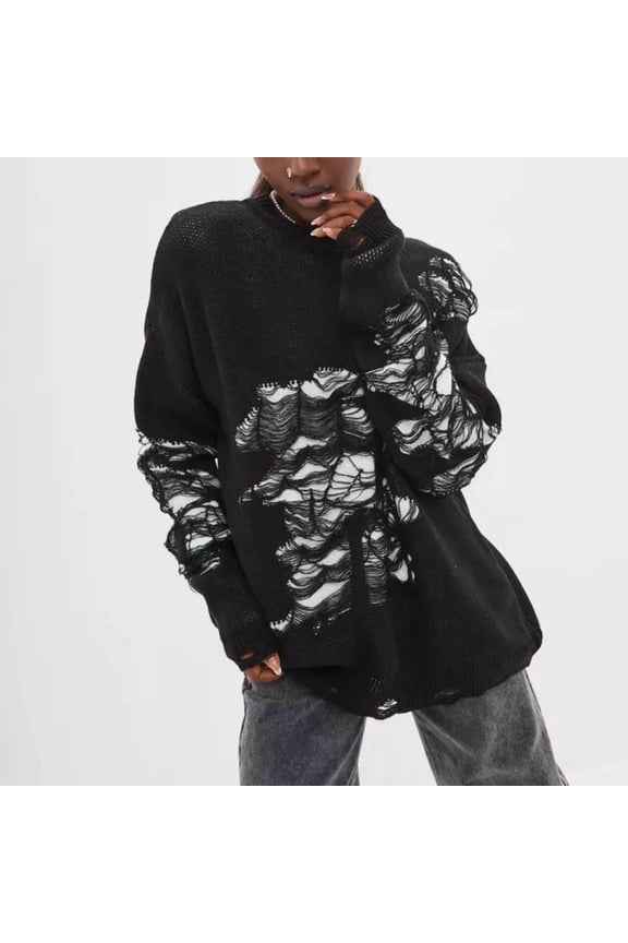 Womens Sweaters Ripped Detail Crew Neck Long Sleeve Loose Knit Pullover Edgy Trendy Casual Top Black M