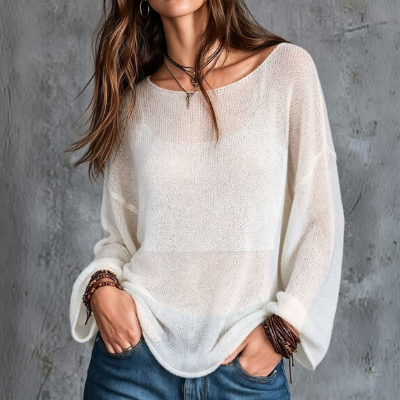 Womens Sweaters Scoop Neck Long Sleeve Oversized Knit Top