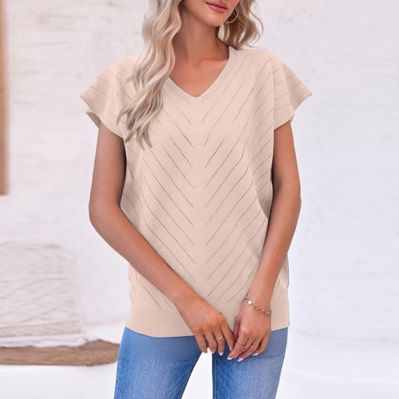 Womens Sweaters Short Sleeve Lightweight Summer Fall Tops Dressy V-Neck Work Tops Business Casual Outfits Beige M