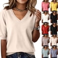 thumbnail image 1 of Womens Sweaters Short Sleeve V Neck Lightweight Knit Cozy Loose Summer Pullover Blouses Tops Tee, 1 of 4
