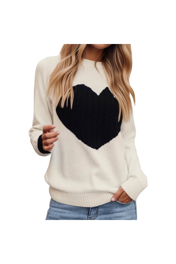Womens Sweaters Simple Solid Color Round Neck Long Sleeve Knit Pullover Sweater Heart Detail Casual Autumn Winter Inner Top