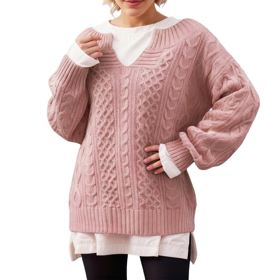 Womens Sweaters Solid Cable Knit Casual Loose Long Sleeve Tops Fall Winter Pullover Knitwear Blouse Daily Wear
