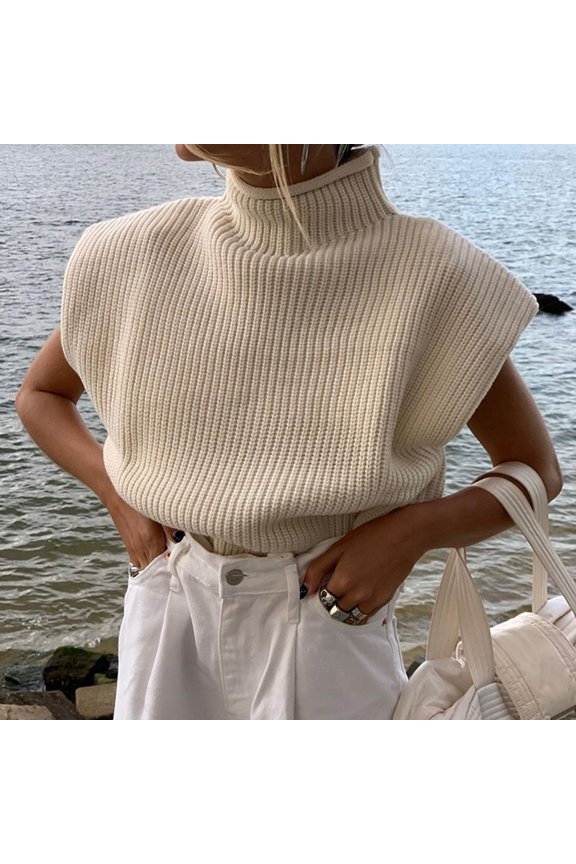Womens Sweaters Solid Color Cap Sleeve Turtleneck Loose Knit Top Simple Chic Fall Winter Versatile Top Beige M
