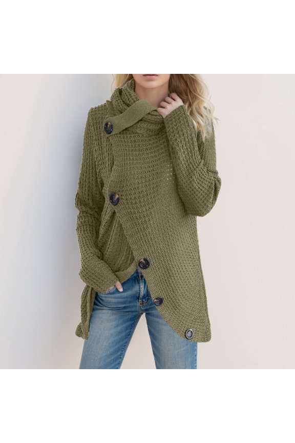 Womens Sweaters Solid Color Stacked Collar Long Sleeve Loose Knit Pullover Irregular Design Stylish Top Army Green XXL