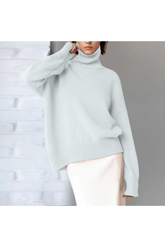 Womens Sweaters Solid Color Turtleneck Long Sleeve Loose Ribbed Lightweight Knit Pullover Thick Warm Top Light Gray M