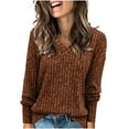 thumbnail image 1 of Womens Sweaters Solid Color V-Neck Long Sleeve Shirts Loose Casual Fall Fashion Sweaters Brown S, 1 of 6