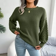 Womens Sweaters Solid Pullover Cable Knitted Long-Sleeve Chunky Crewneck Sweater