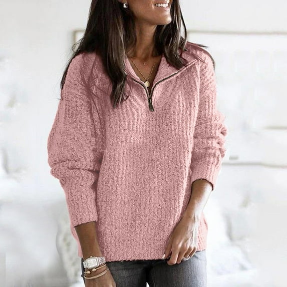 Womens Sweaters,Spring Black Long Sleeve Half Zipper Neck Solid Color Holiday Fashion Top Blouse For Women Fall