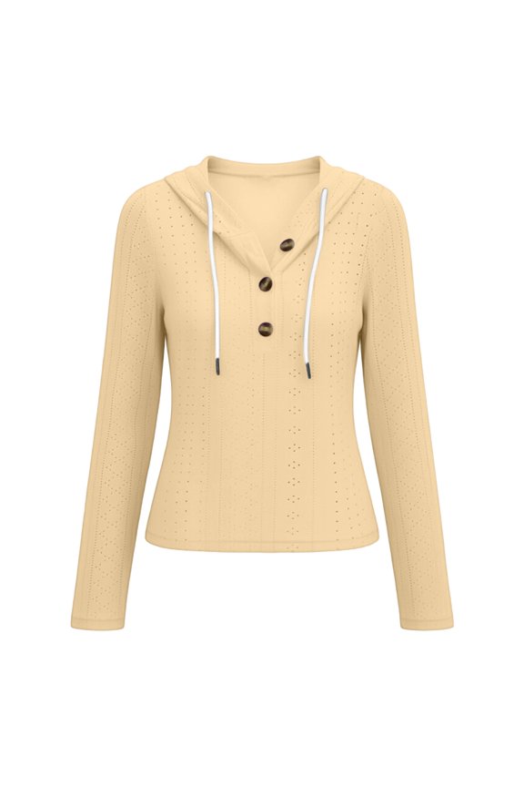 Womens Sweaters Spring Hooded Drawstring Hollow Out Eyelet Business Pullover Button Front Long Sleeve Tops Knit Classic Work Winter Clothing Basic V Neck Lightweight