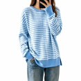 thumbnail image 1 of Womens Sweaters Stripe Side Slit Casual Loose Long Sleeve Tops Fall Winter Pullover Knit Blouse Daily Wear, 1 of 4