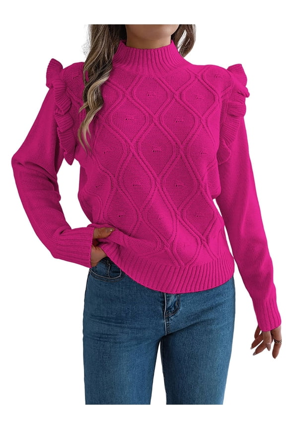 Womens Sweaters Sweater for Women Crewneck Ruffle Long Sleeve Solid Color Loose Pullover Top Winter 2025 Rose Red M