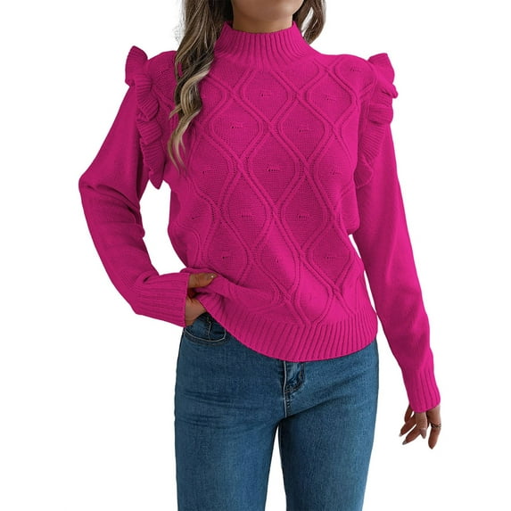 Womens Sweaters Sweater for Women Crewneck Ruffle Long Sleeve Solid Color Loose Pullover Top Winter 2025 Rose Red S