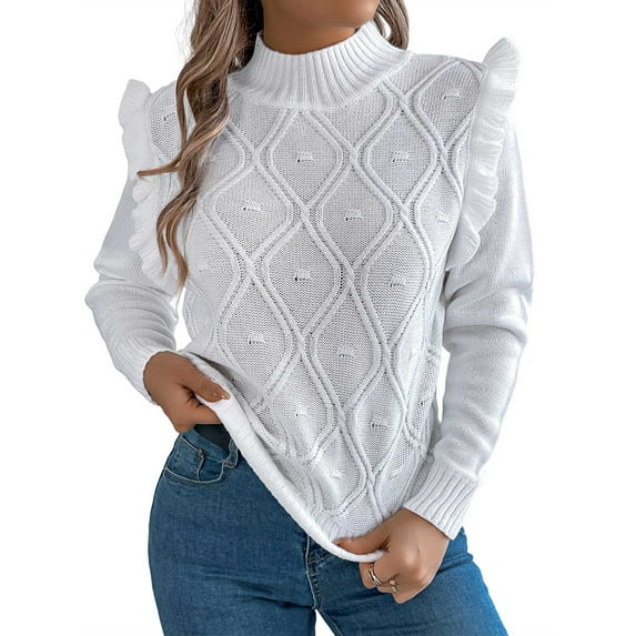 Womens Sweaters Sweater for Women Crewneck Ruffle Long Sleeve Solid Color Loose Pullover Top Winter 2025 White S