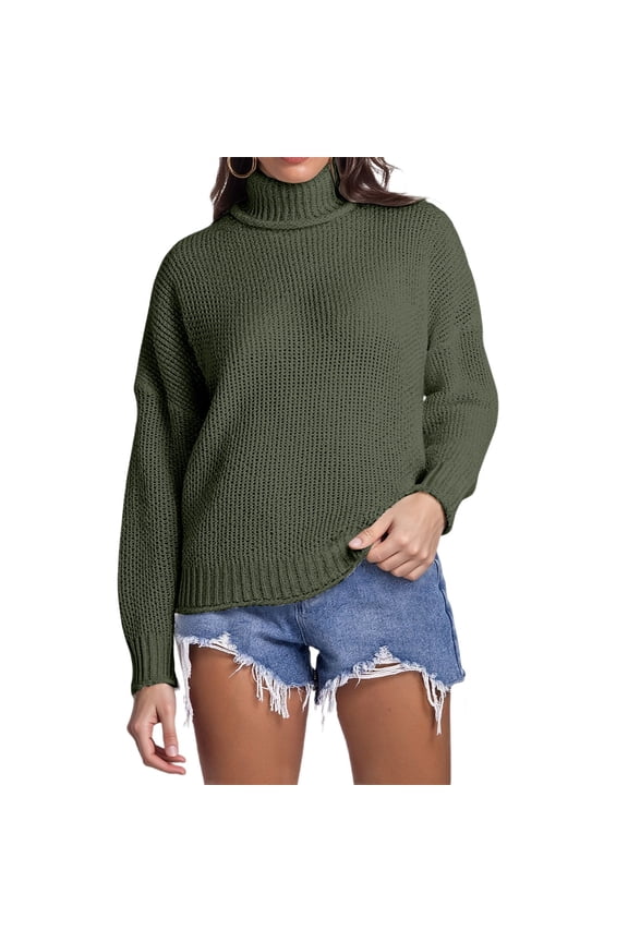 Womens Sweaters Thick Solid Color High Neck Long Sleeve Pullover Knit Sweater Oversized Cozy Winter Knitwear