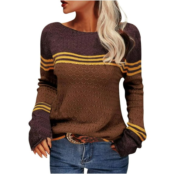 Womens Sweaters Tops Fall Fashion Long Sleeve Striped Color Tunic Lightweight Sweaters for Women 2025