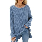 SHIBEVER Womens Sweaters Tops Fall Fashion Long Sleeve Tunic Lightweight Sweaters for Women Tops Dressy Casual Blue Pullover Blouse Size XL
