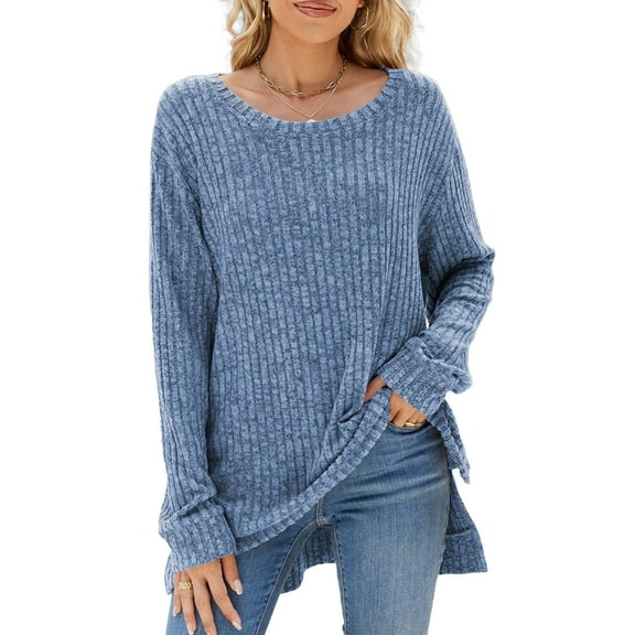 SHIBEVER Womens Sweaters Tops Fall Fashion Long Sleeve Tunic Lightweight Sweaters for Women Tops Dressy Casual Blue Pullover Blouse Size XL