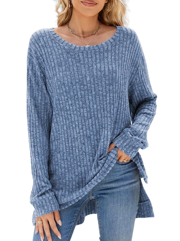Womens Sweaters Tops Fall Fashion Long Sleeve Tunic Lightweight Sweaters for Women Tops Dressy Casual Blue Pullover Blouse Size XL