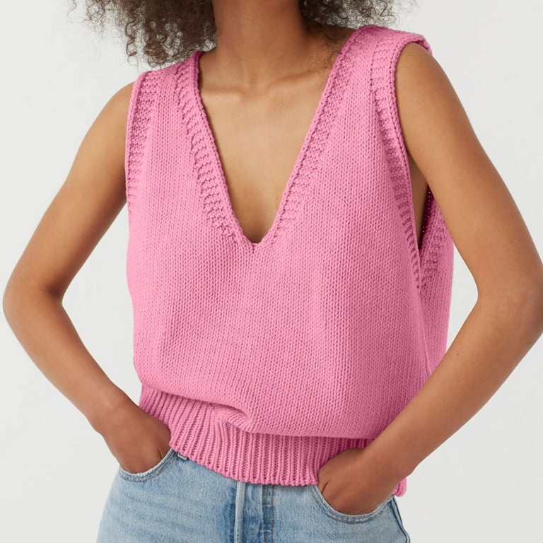 Womens Sweaters Tops Trndy Casual Clearance V Neck Sleeveless Slit Hem Ribbed Knit Vest Plus Size Tank Top Fashion Solid Color Sweater Vests Pink qILAKOG Size XL Walmart