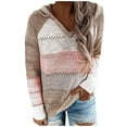 thumbnail image 1 of Womens Sweaters Tops with Hood Trendy Striped Printed Pullover Tops Loose V Neck Hollow Out Long Sleeve Sweater Blouse, 1 of 5