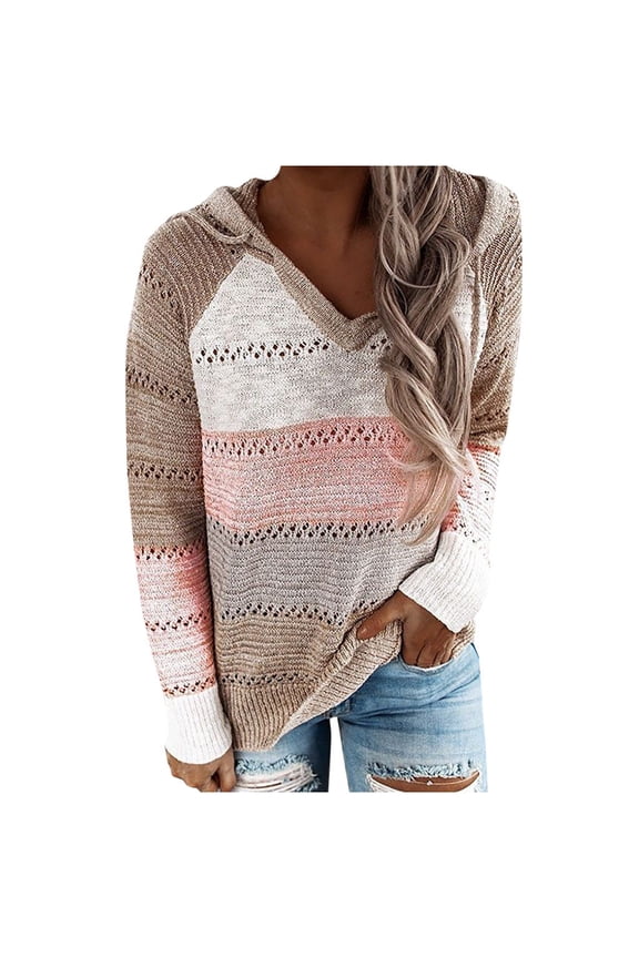 Womens Sweaters Tops with Hood Trendy Striped Printed Pullover Tops Loose V Neck Hollow Out Long Sleeve Sweater Blouse