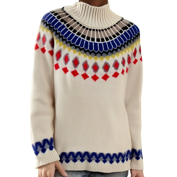 Womens Sweaters Trendy Fall Winter Retro Fair Isle Knit Soft Crewneck Color Block Pullover Plus Size Work Blouse,Blue,M