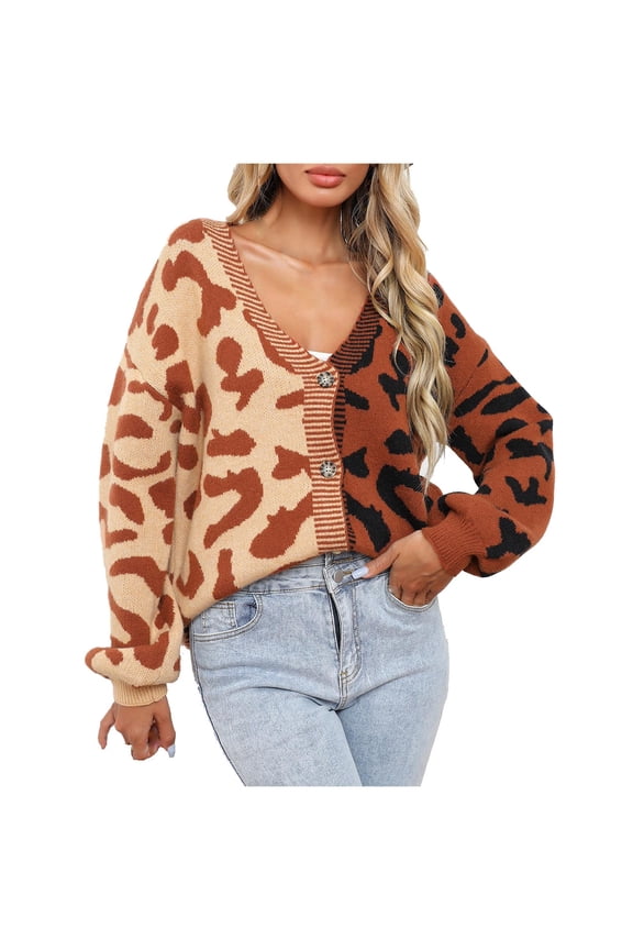 Womens Sweaters Trendy Leopard Print Button Up Long Sleeved Cardigan Fall Outerwear,Brown,M