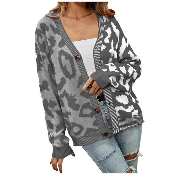 Womens Sweaters Trendy Leopard Print Button Up Long Sleeved Cardigan Fall Outerwear,Grey,M