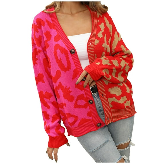 Womens Sweaters Trendy Leopard Print Button Up Long Sleeved Cardigan Fall Outerwear,Hot Pink,S