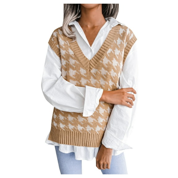 Womens Sweaters Trendy V-Neck Knit Vest Printed Cable Knitted Sleeveless Fall Fashion Outfits,Khaki,S